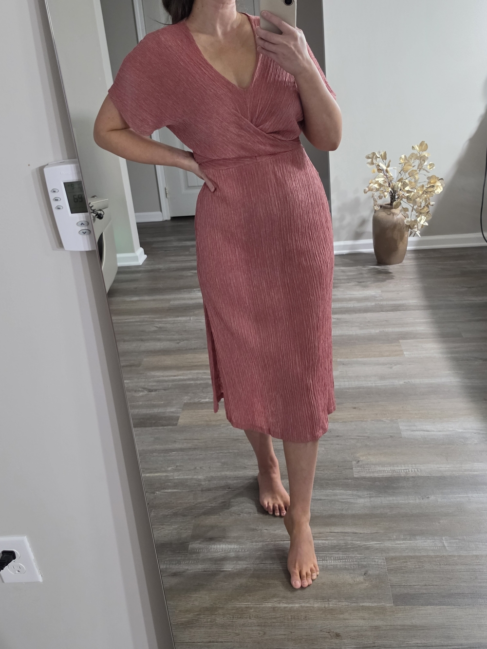 Women's Rose Pink V-Neck Midi Dress